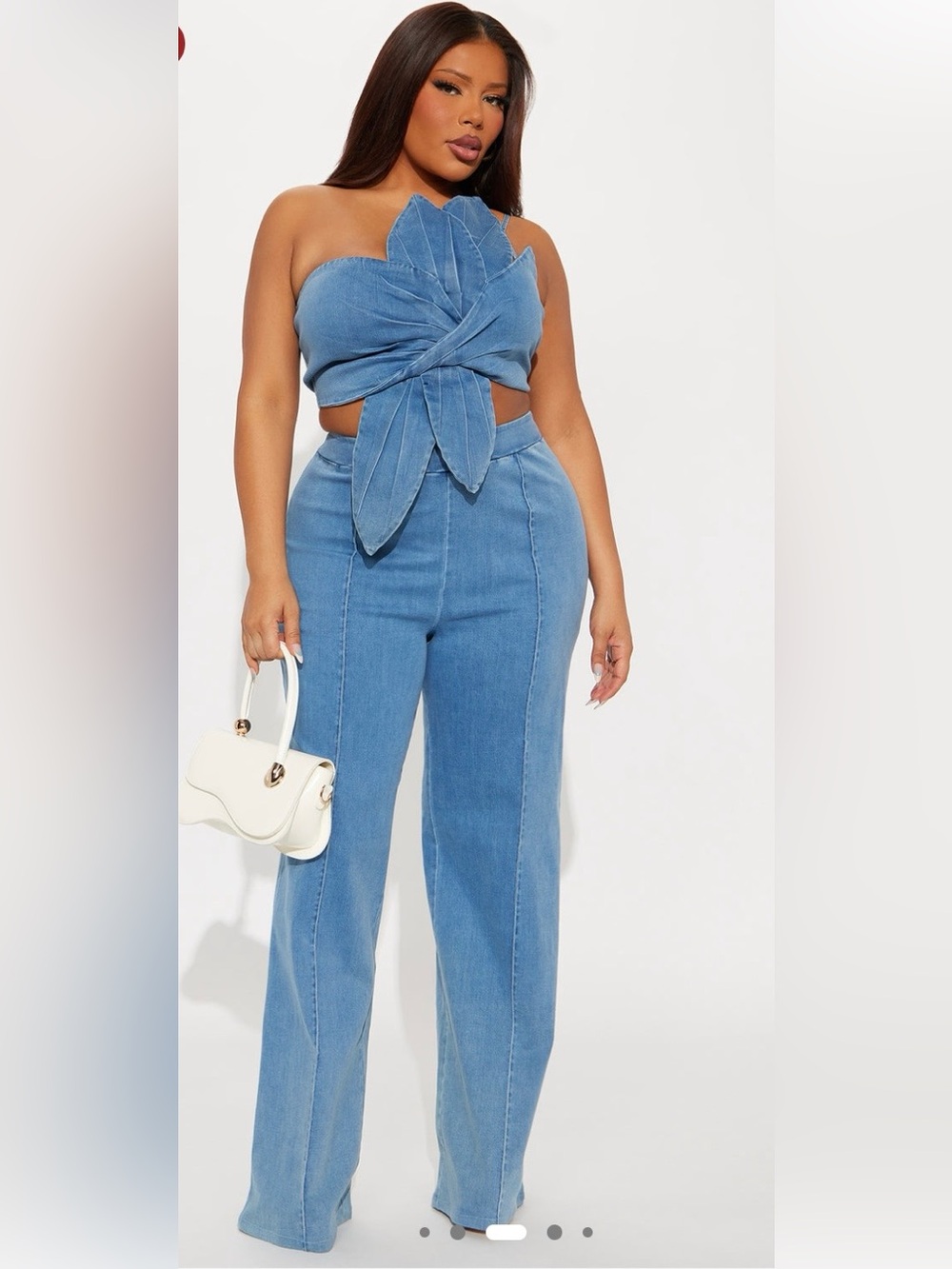 Fashion Nova Light Blue Denim Two-Piece Leaf Twist Top and High-Waist Pants